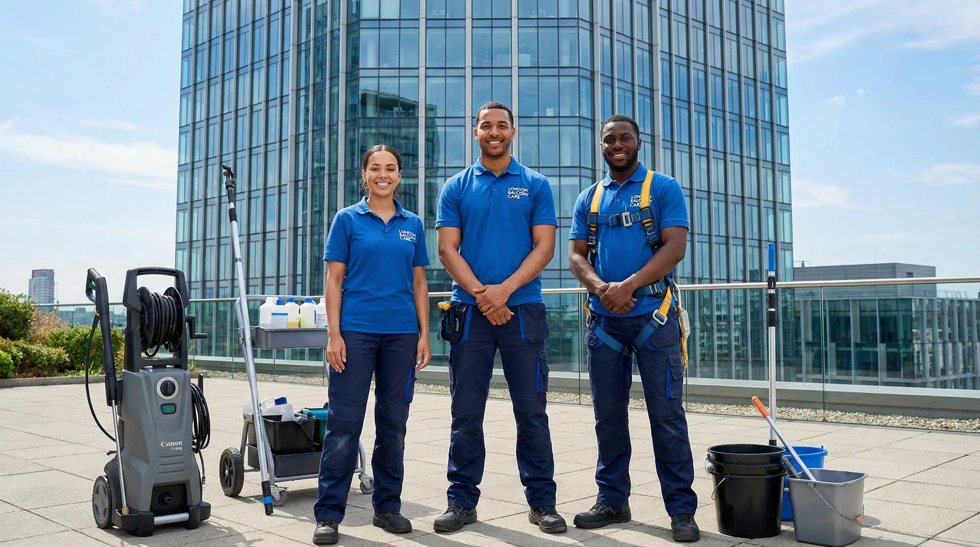 Professional balcony cleaning team with equipment